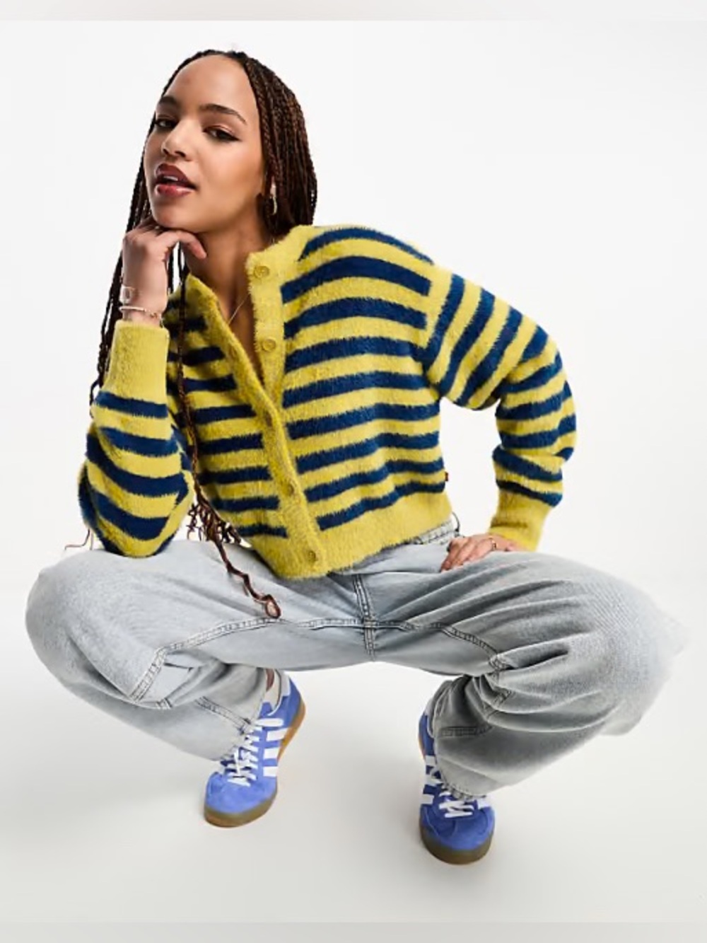Levi’s Cardigan Sweater Womens Small Retro Striped Fuzzy Cardigan Yellow Blue
